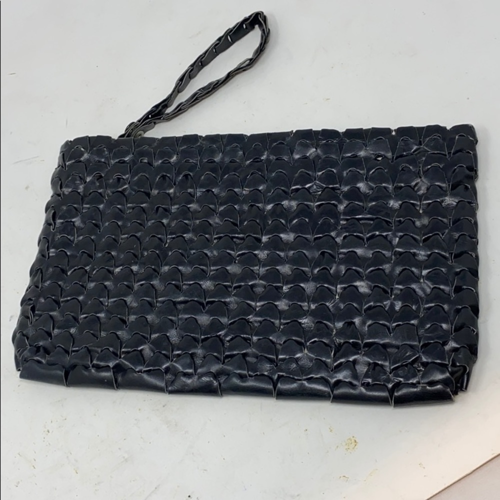 ​Vintage ​Black Leather Woven Wristlet Clutch Bag - Picture 2 of 8